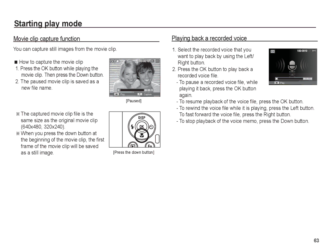 Samsung EC-PL80ZZDPRME, EC-PL81ZZBPRE1, EC-PL81ZZBPBE1 manual Movie clip capture function, Playing back a recorded voice 