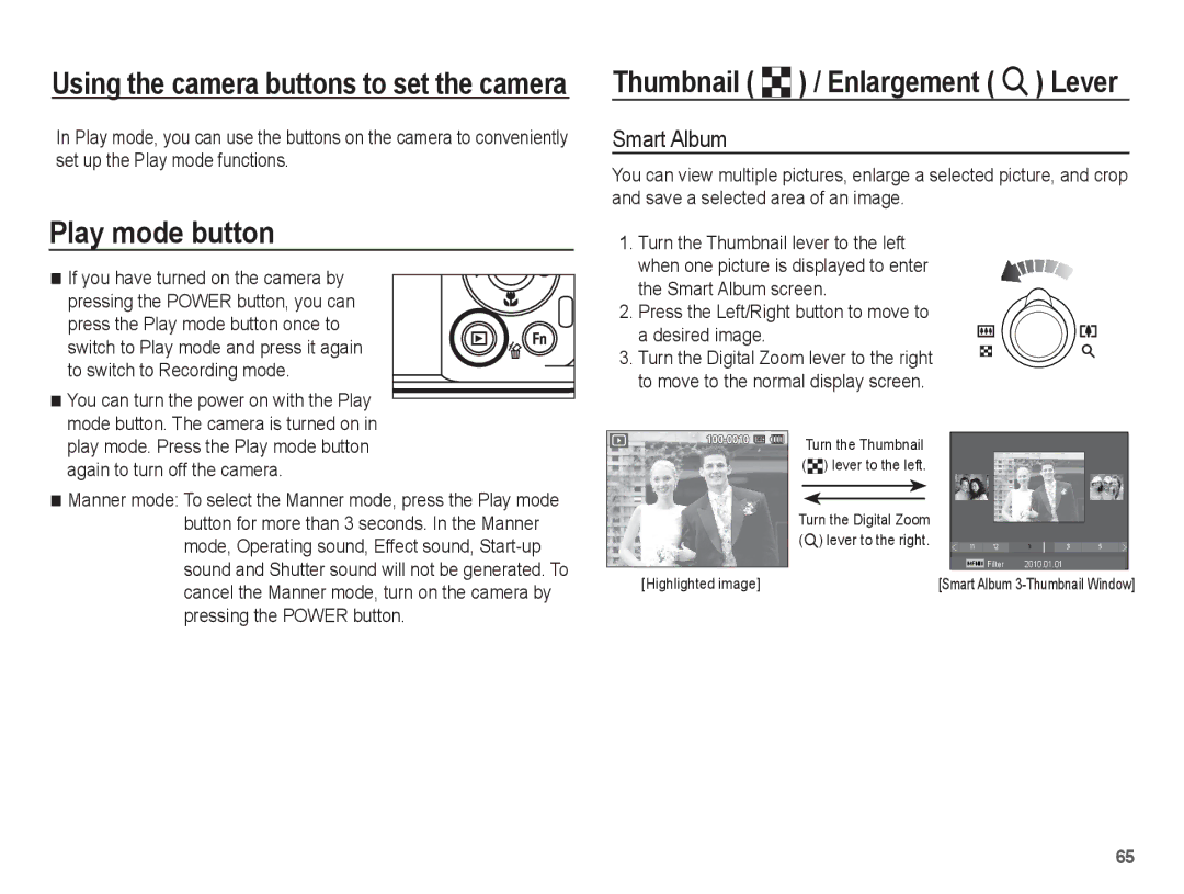 Samsung EC-PL80ZZBPBVN, EC-PL81ZZBPRE1, EC-PL81ZZBPBE1 Play mode button, Thumbnail º / Enlargement í Lever, Smart Album 