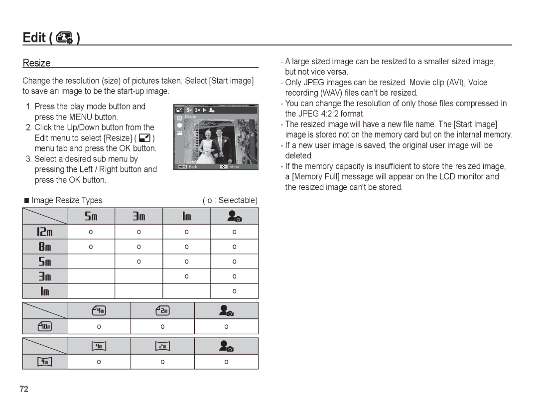 Samsung EC-PL80ZZBPRE3, EC-PL81ZZBPRE1, EC-PL81ZZBPBE1, EC-PL81ZZBPSE1, EC-PL81ZZBPLE1, EC-PL80ZZBPBE1 manual Edit, Resize 