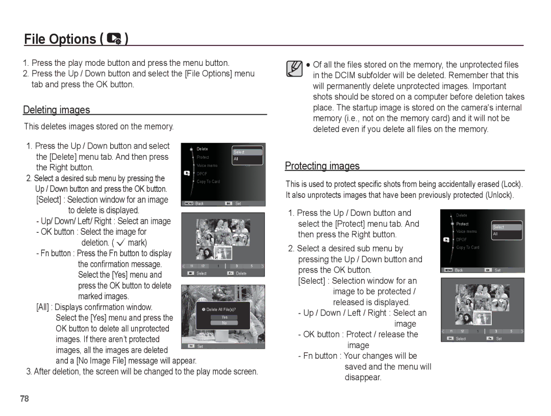 Samsung EC-PL80ZZBPRRU, EC-PL81ZZBPRE1, EC-PL81ZZBPBE1, EC-PL81ZZBPSE1 manual File Options, Deleting images, Protecting images 
