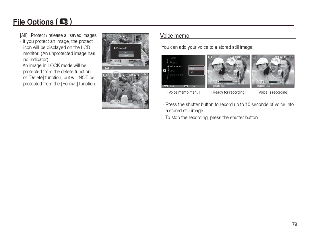 Samsung EC-PL81ZZBPRE1, EC-PL81ZZBPBE1, EC-PL81ZZBPSE1 manual Voice memo, You can add your voice to a stored still image 