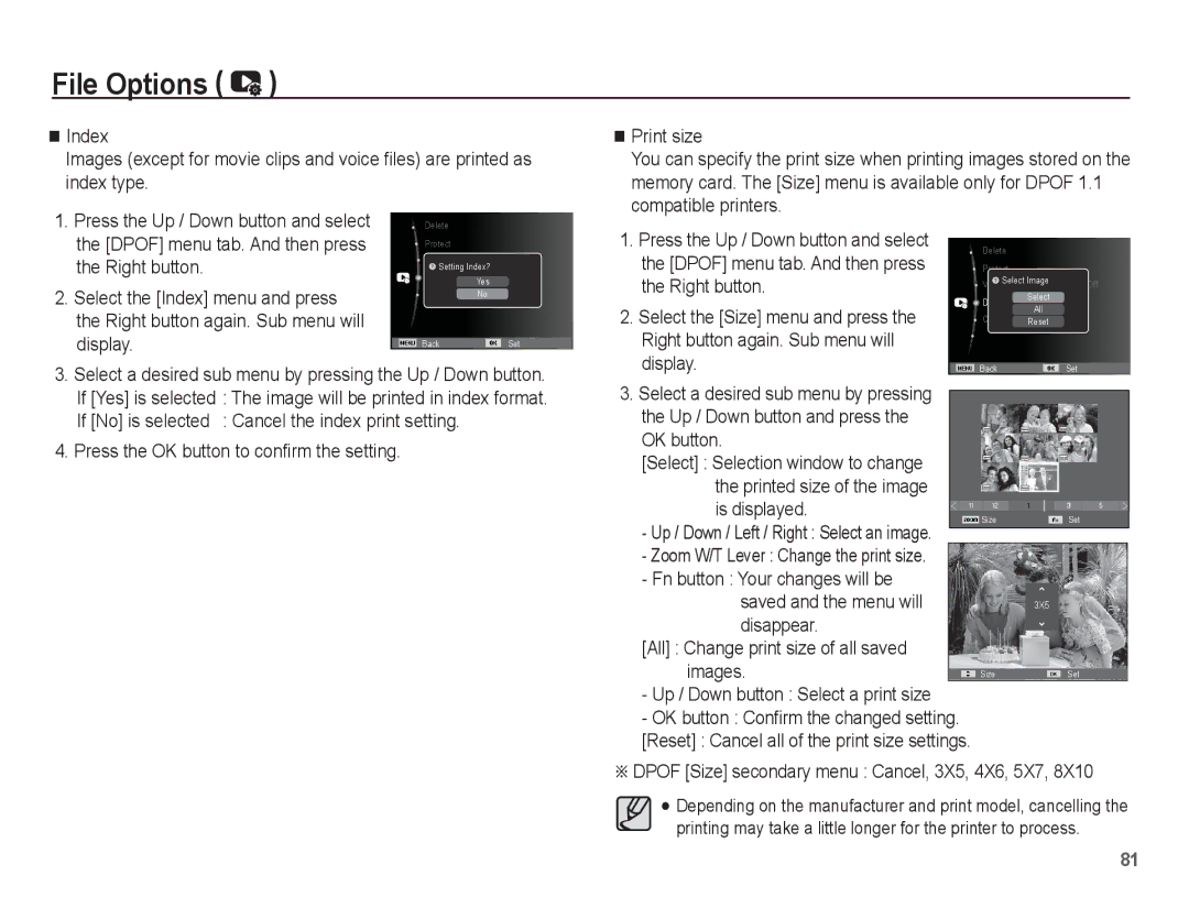 Samsung EC-PL81ZZBPSE1 manual Display, If No is selected Cancel the index print setting, Right button again. Sub menu will 