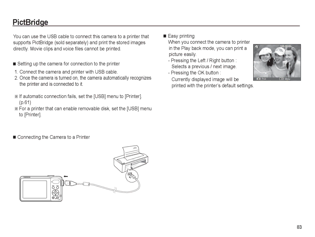 Samsung EC-PL80ZZBPBE1, EC-PL81ZZBPRE1, EC-PL81ZZBPBE1 PictBridge, Pressing the OK button Currently displayed image will be 