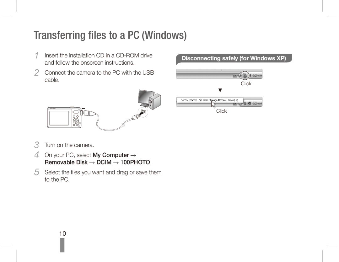 Samsung EC-PL80ZZDPRIR manual Disconnecting safely for Windows XP, Connect the camera to the PC with the USB Cable 