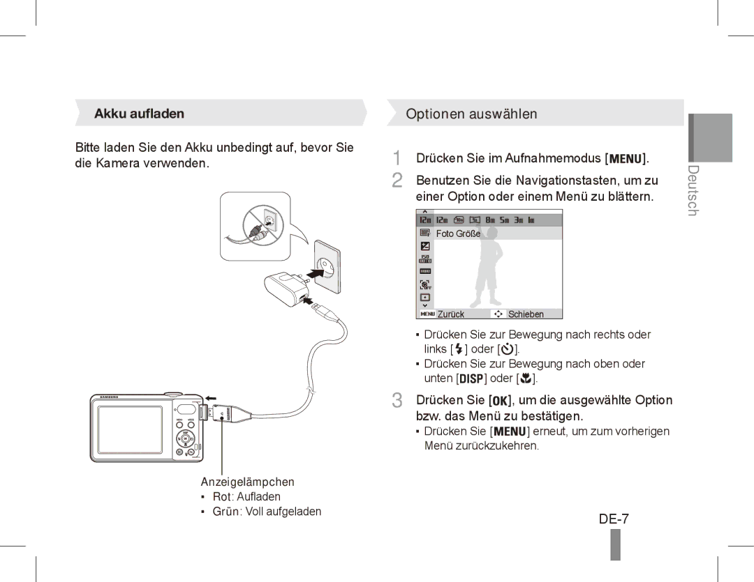 Samsung EC-PL80ZZBPLIL, EC-PL81ZZBPRE1 manual DE-7, Akku aufladen, Drücken Sie im Aufnahmemodus, Bzw. das Menü zu bestätigen 