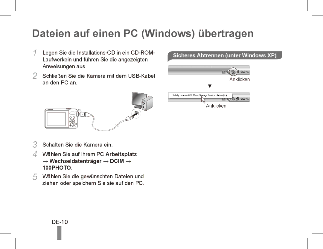 Samsung EC-PL80ZZBPRSA, EC-PL81ZZBPRE1 manual Dateien auf einen PC Windows übertragen, DE-10, → Wechseldatenträger → Dcim → 