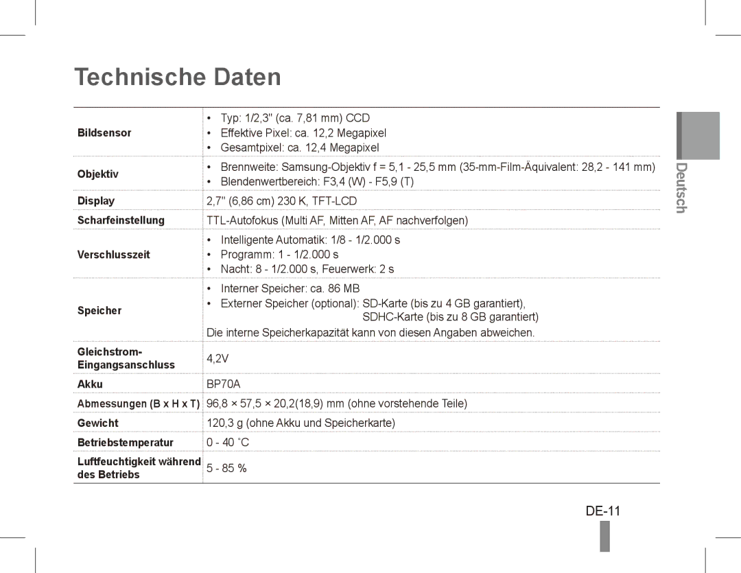 Samsung EC-PL80ZZDPBME, EC-PL81ZZBPRE1, EC-PL81ZZBPBE1, EC-PL81ZZBPSE1, EC-PL81ZZBPLE1, EC-PL80ZZBPBE1 Technische Daten, DE-11 