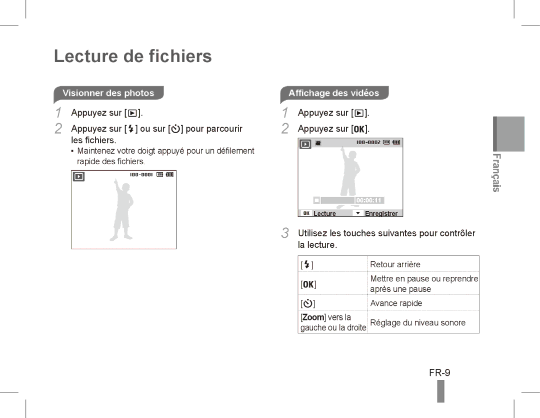 Samsung EC-PL80ZZBPSVN manual Lecture de fichiers, FR-9, Appuyez sur Ou sur pour parcourir Les fichiers, La lecture 