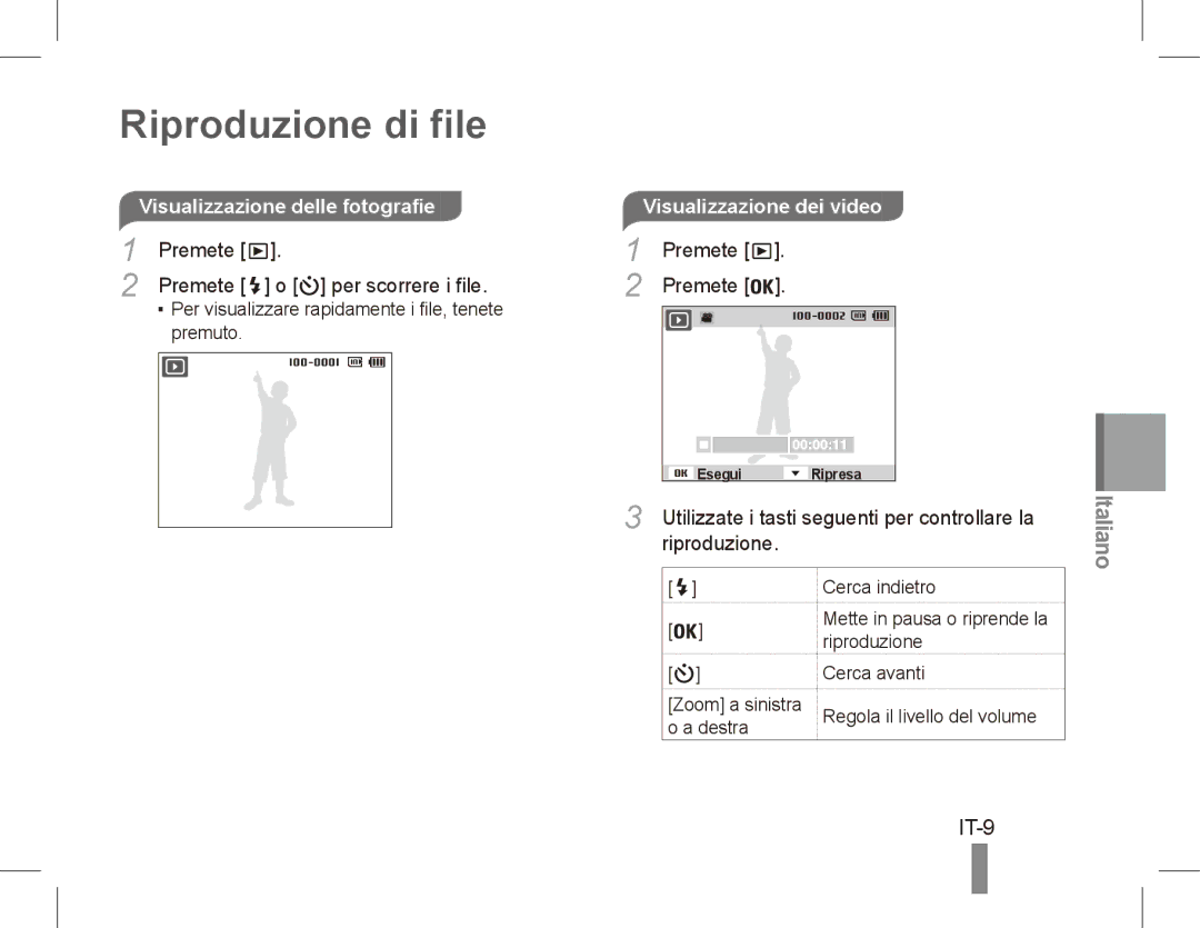 Samsung EC-PL80ZZBPRIT manual Riproduzione di file, IT-9, Visualizzazione delle fotografie, Premete Per scorrere i file 