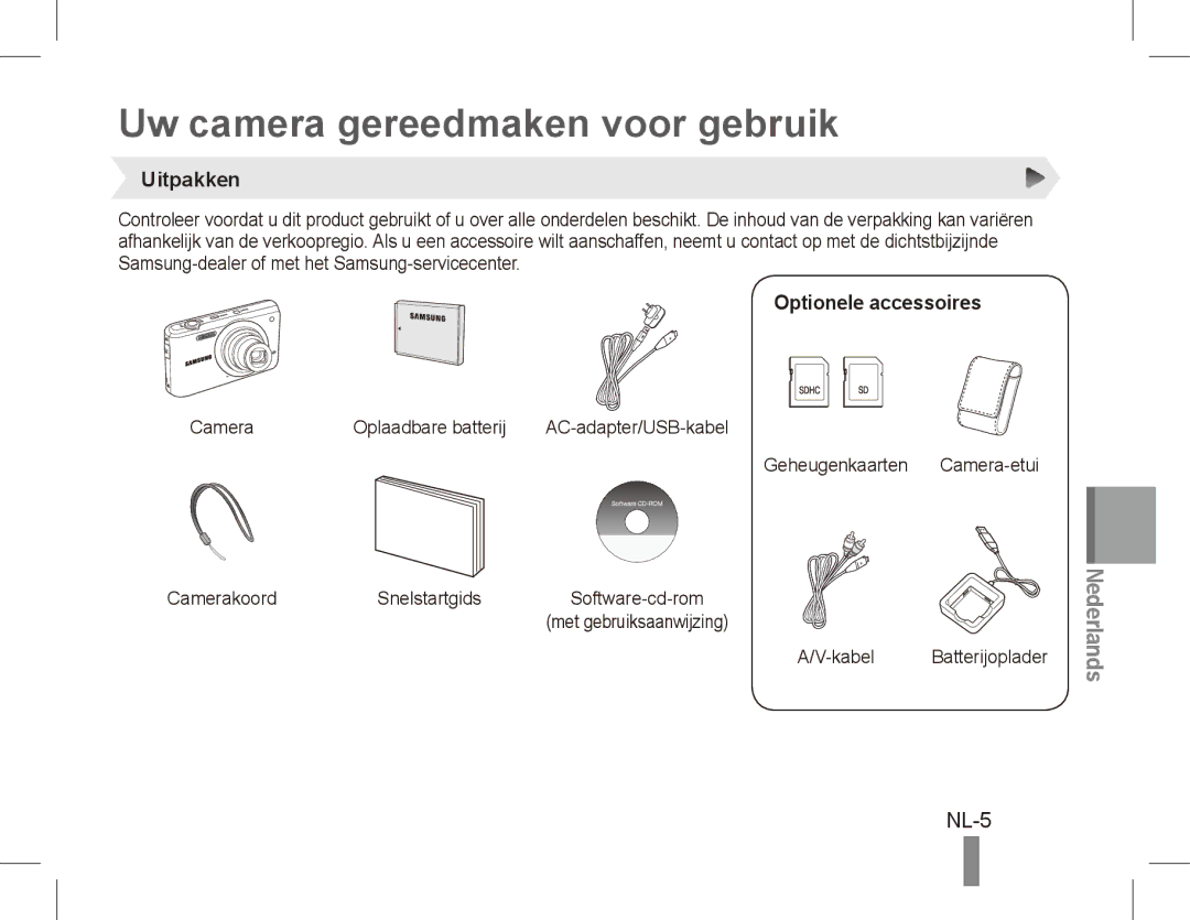 Samsung EC-PL80ZZBPSSA, EC-PL81ZZBPRE1 manual Uw camera gereedmaken voor gebruik, NL-5, Uitpakken, Optionele accessoires 