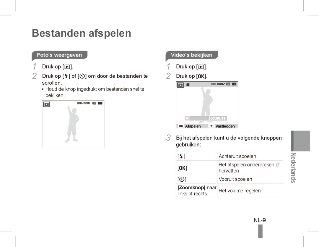 Samsung EC-PL80ZZDPBIR, EC-PL81ZZBPRE1, EC-PL81ZZBPBE1, EC-PL81ZZBPSE1 manual Bestanden afspelen, NL-9, Videos bekijken 