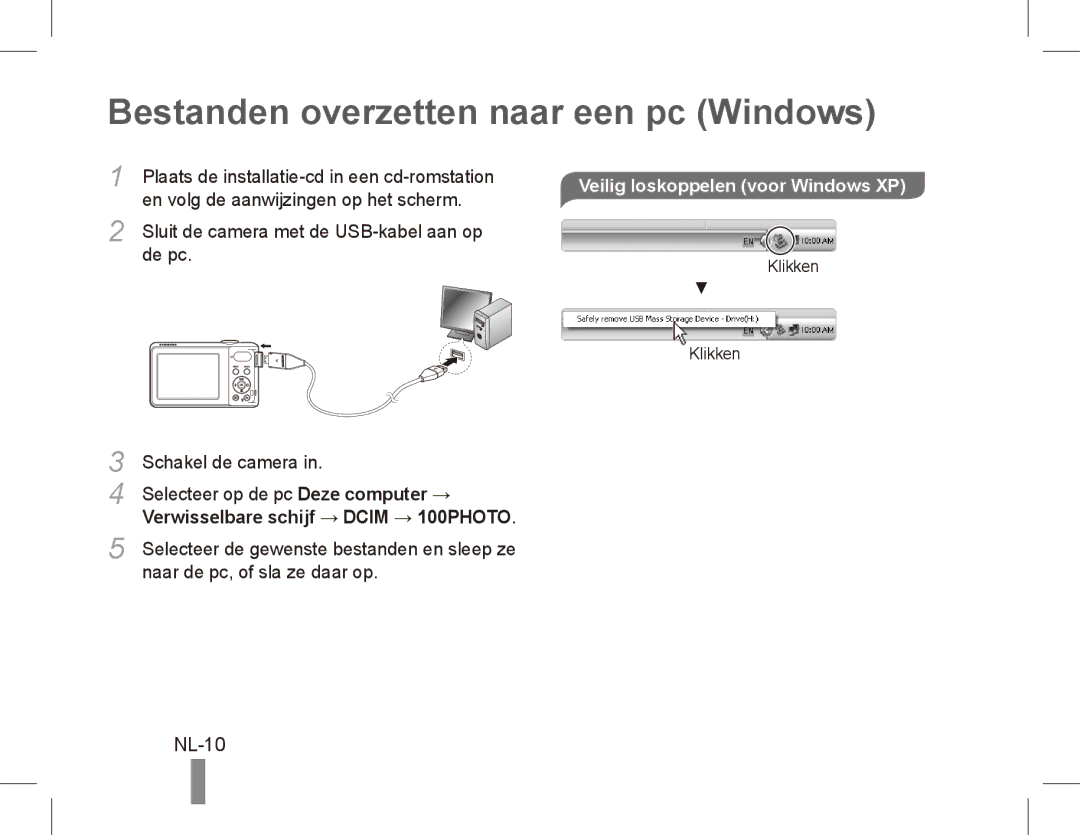 Samsung EC-PL80ZZBPRSA, EC-PL81ZZBPRE1 Bestanden overzetten naar een pc Windows, NL-10, Veilig loskoppelen voor Windows XP 