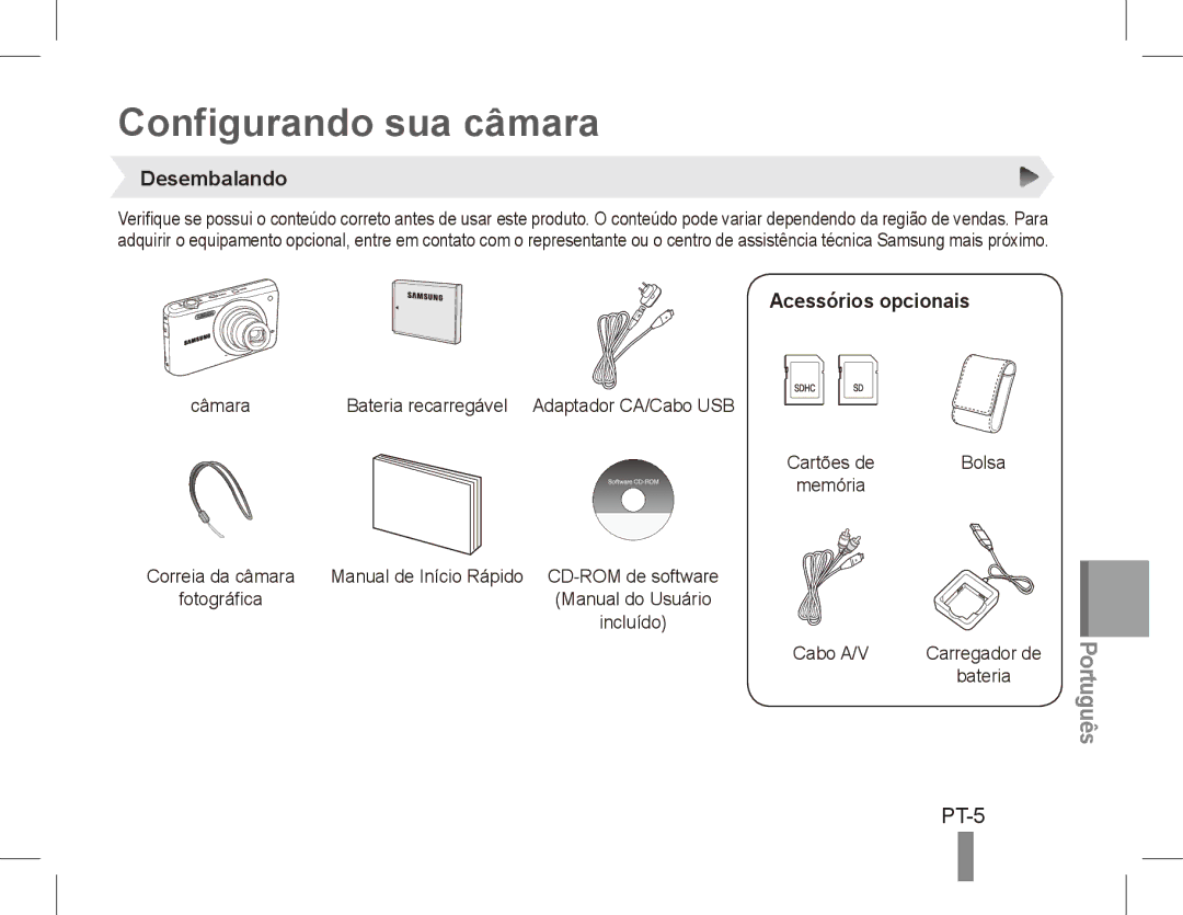 Samsung EC-PL80ZZDPLIR, EC-PL81ZZBPRE1, EC-PL81ZZBPBE1 Configurando sua câmara, PT-5, Desembalando, Acessórios opcionais 