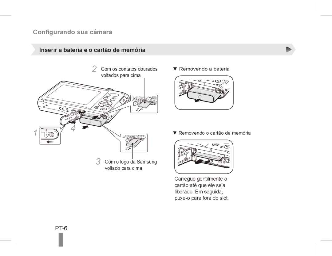 Samsung EC-PL80ZZBPBVN, EC-PL81ZZBPRE1, EC-PL81ZZBPBE1, EC-PL81ZZBPSE1 manual PT-6, Inserir a bateria e o cartão de memória 