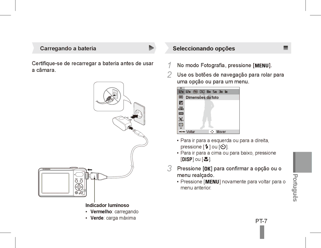 Samsung EC-PL80ZZBPRVN, EC-PL81ZZBPRE1, EC-PL81ZZBPBE1, EC-PL81ZZBPSE1, EC-PL81ZZBPLE1 manual PT-7, Carregando a bateria 