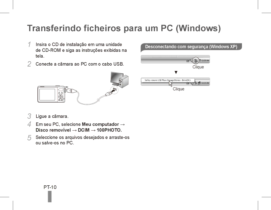 Samsung EC-PL80ZZBPBE3 manual Transferindo ficheiros para um PC Windows, PT-10, Desconectando com segurança Windows XP 