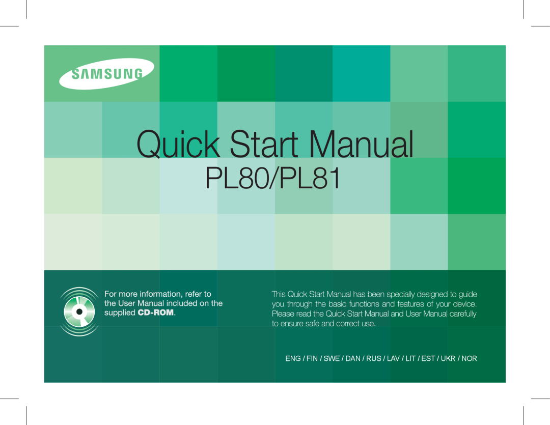 Samsung EC-PL81ZZBPBE1 manual Quick Start Manual, PL80/PL81, Eng / Fin / Swe / Dan / Rus / Lav / Lit / Est / Ukr / Nor 