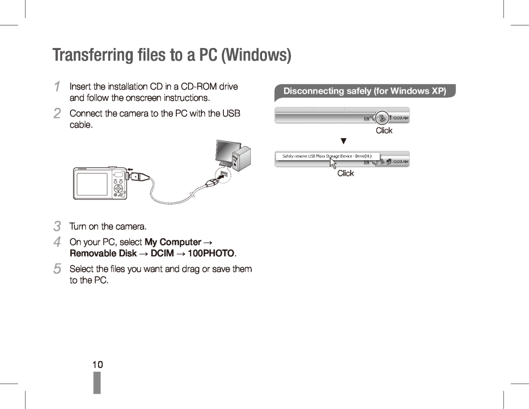 Samsung EC-PL80ZZDPRIR Transferring files to a PC Windows, Disconnecting safely for Windows XP, cable, Turn on the camera 