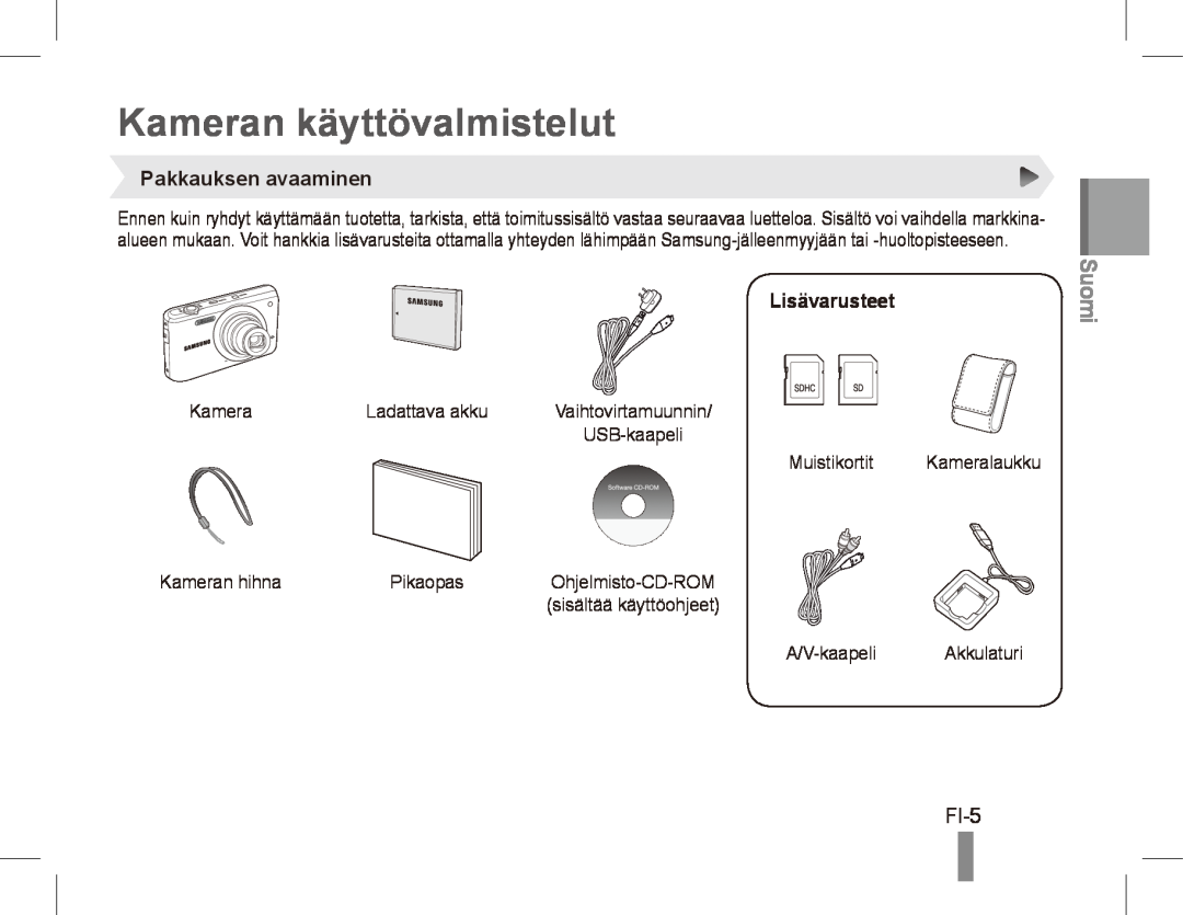 Samsung EC-PL80ZZBPSSA, EC-PL81ZZBPRE1 manual Kameran käyttövalmistelut, FI-5, Pakkauksen avaaminen, Lisävarusteet, Suomi 