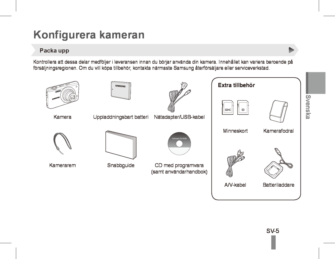 Samsung EC-PL80ZZDPLIR, EC-PL81ZZBPRE1, EC-PL81ZZBPBE1 manual Konfigurera kameran, SV-5, Packa upp, Extra tillbehör, Svenska 