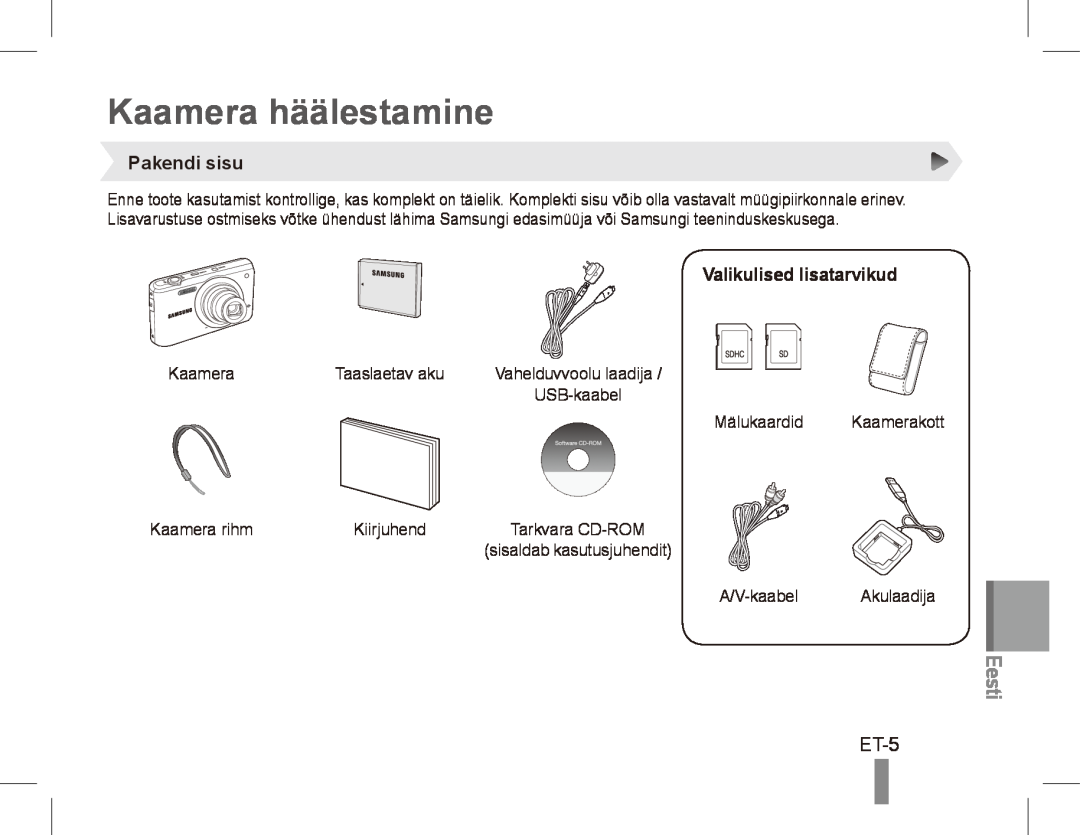 Samsung EC-PL80ZZBPLE2, EC-PL81ZZBPRE1 manual Kaamera häälestamine, ET-5, Pakendi sisu, Valikulised lisatarvikud, Eesti 