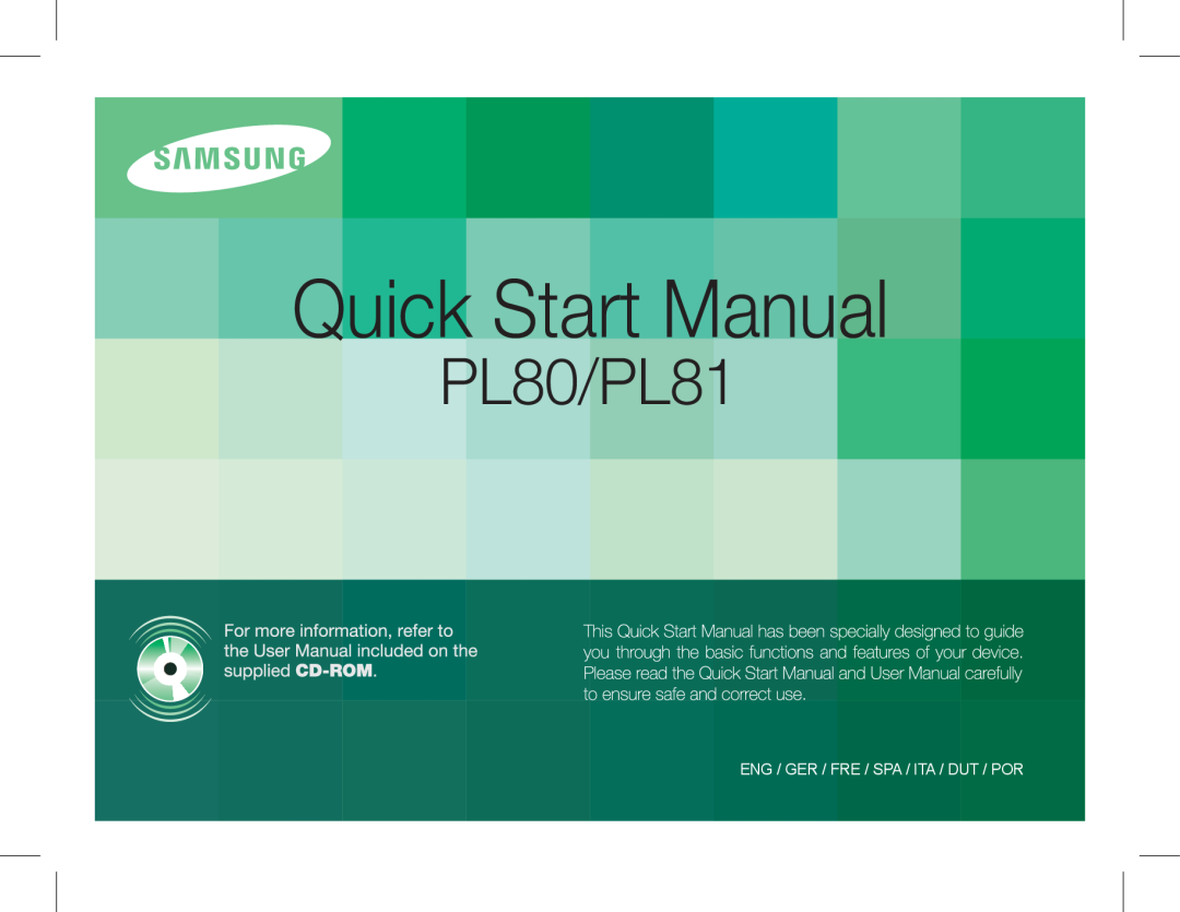 Samsung EC-PL81ZZBPBE1, EC-PL81ZZBPRE1 manual Quick Start Manual, PL80/PL81, Eng / Ger / Fre / Spa / Ita / Dut / Por 