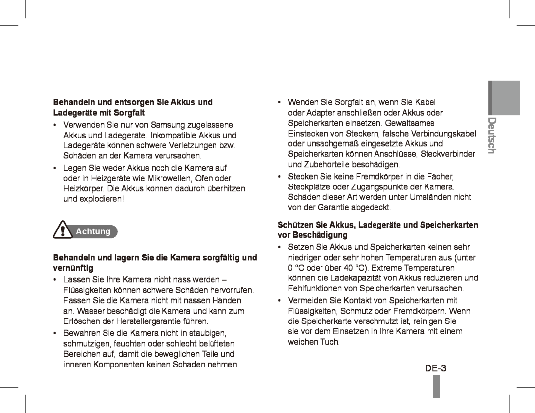 Samsung EC-PL80ZZDPLME manual DE-3, Deutsch, Behandeln und entsorgen Sie Akkus und Ladegeräte mit Sorgfalt, Achtung 