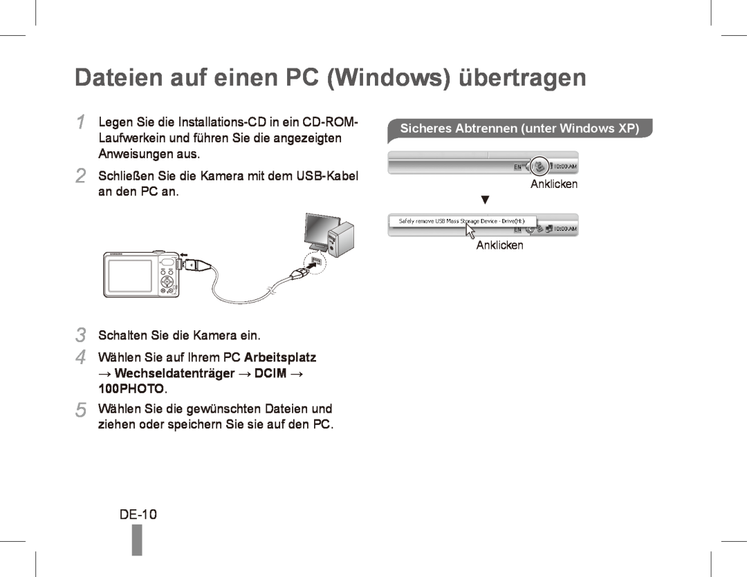 Samsung EC-PL80ZZBPRSA manual Dateien auf einen PC Windows übertragen, DE-10, Anweisungen aus, an den PC an, 100PHOTO 