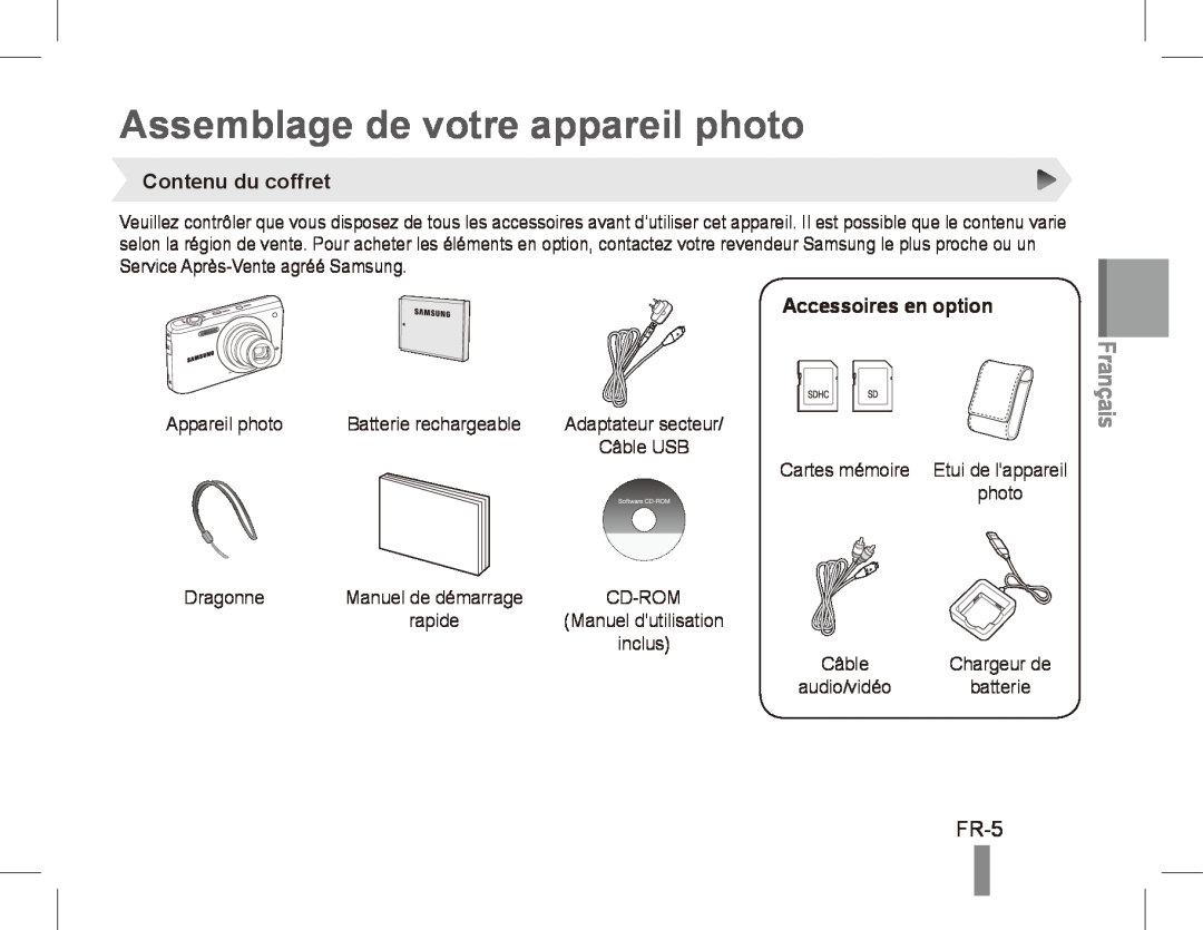 Samsung EC-PL80ZZDPLIR manual Assemblage de votre appareil photo, FR-5, Contenu du coffret, Accessoires en option, Français 