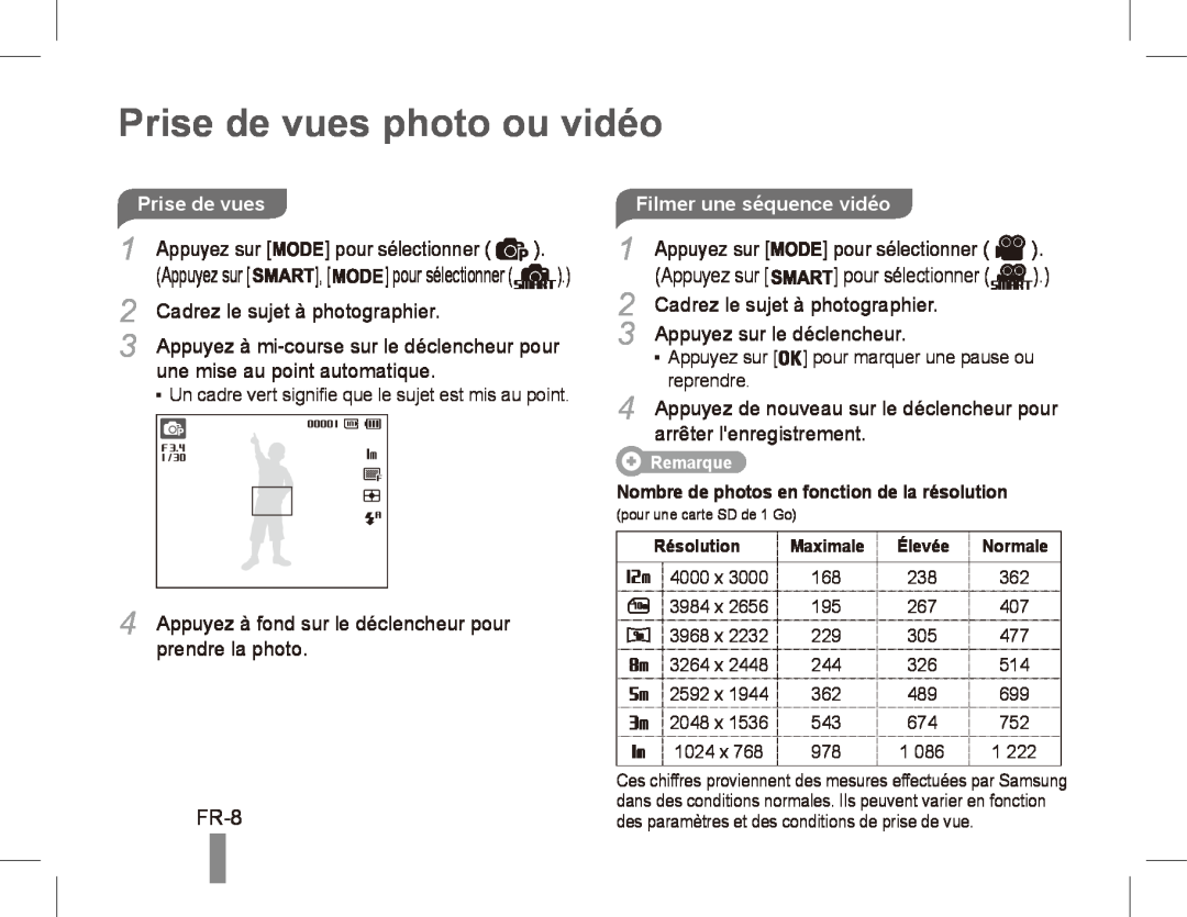 Samsung EC-PL80ZZBPLVN Prise de vues photo ou vidéo, FR-8, Appuyez sur, pour sélectionner, Cadrez le sujet à photographier 