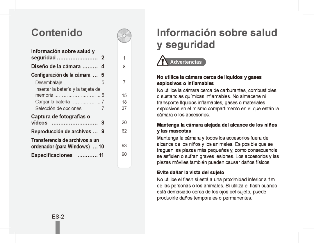 Samsung EC-PL80ZZBPLE3 manual Contenido, Información sobre salud y seguridad, ES-2, Especificaciones… …………, Advertencias 