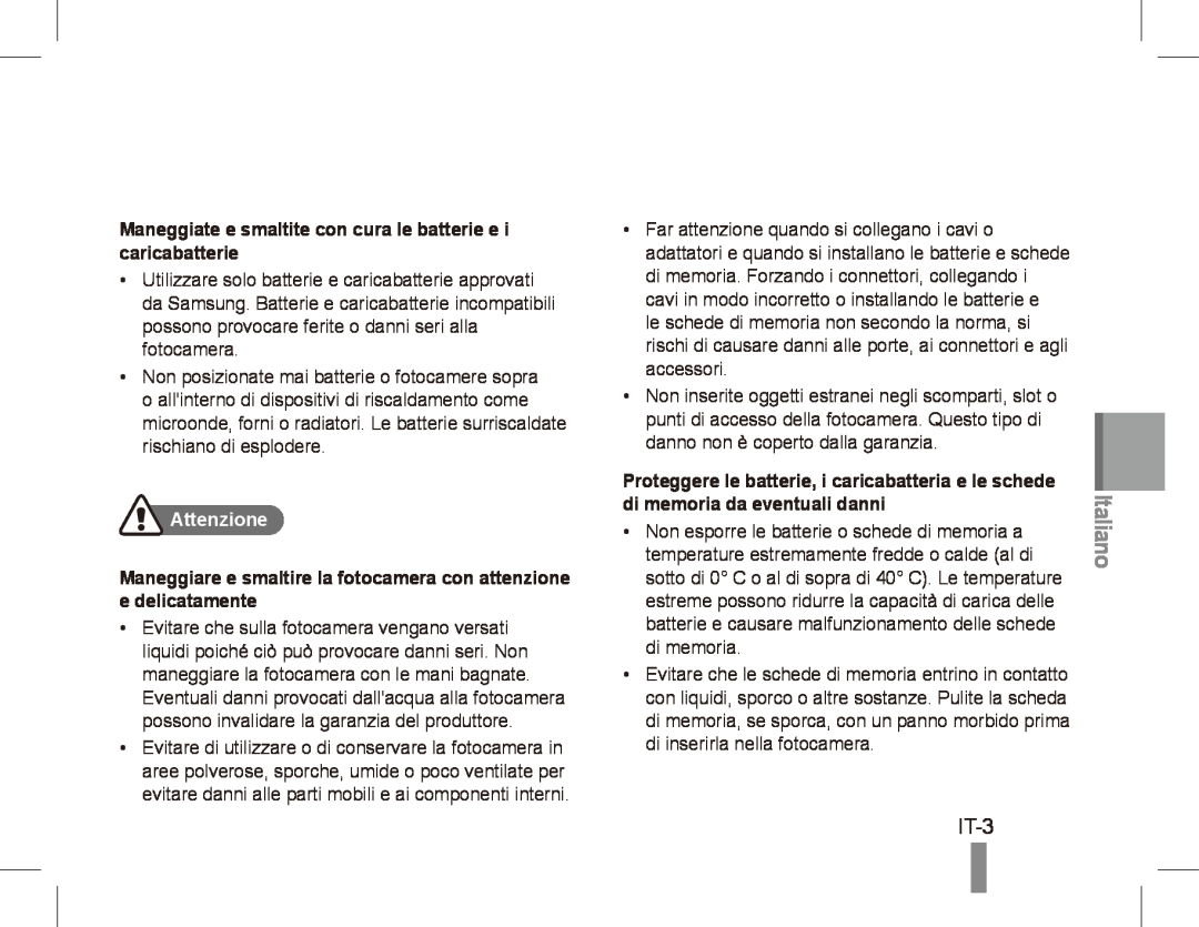 Samsung EC-PL81ZZBPLE1 manual Italiano, IT-3, Maneggiate e smaltite con cura le batterie e i caricabatterie, Attenzione 