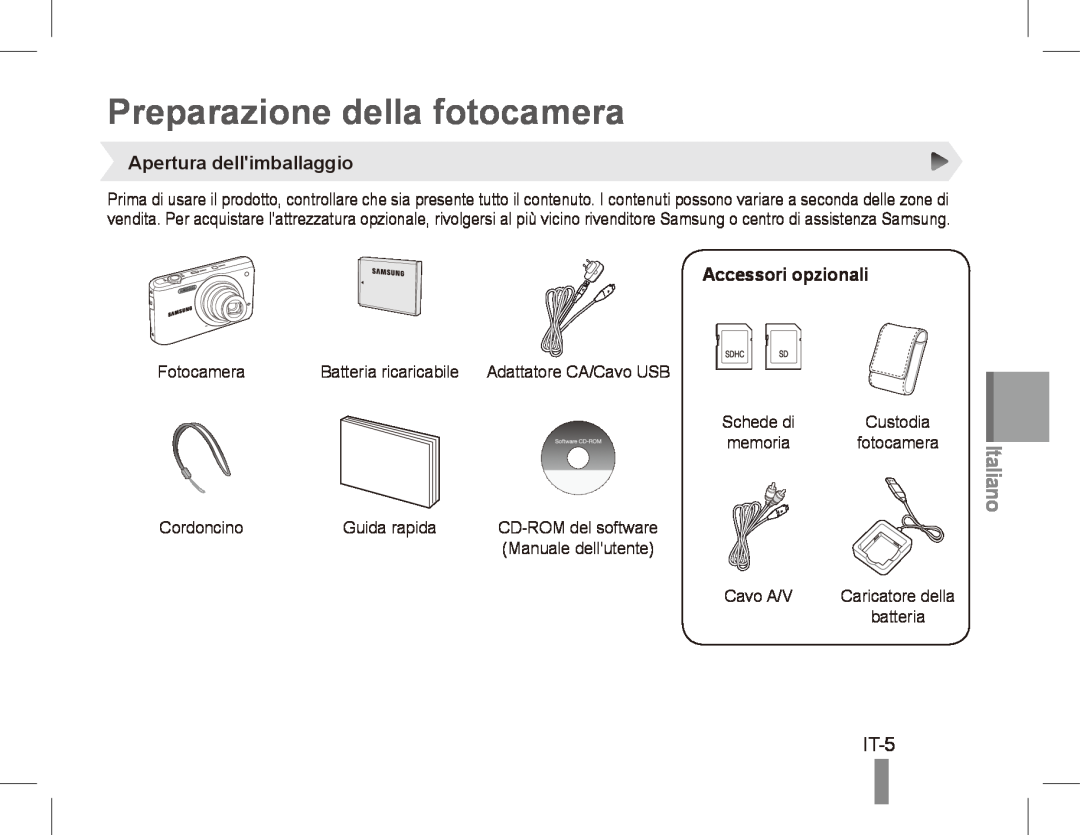 Samsung EC-PL80ZZBPBGS manual Preparazione della fotocamera, IT-5, Apertura dellimballaggio, Accessori opzionali, Italiano 