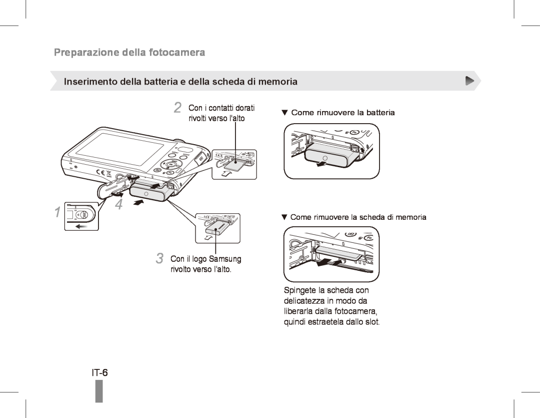 Samsung EC-PL80ZZBPBIT manual Preparazione della fotocamera, IT-6, Inserimento della batteria e della scheda di memoria 