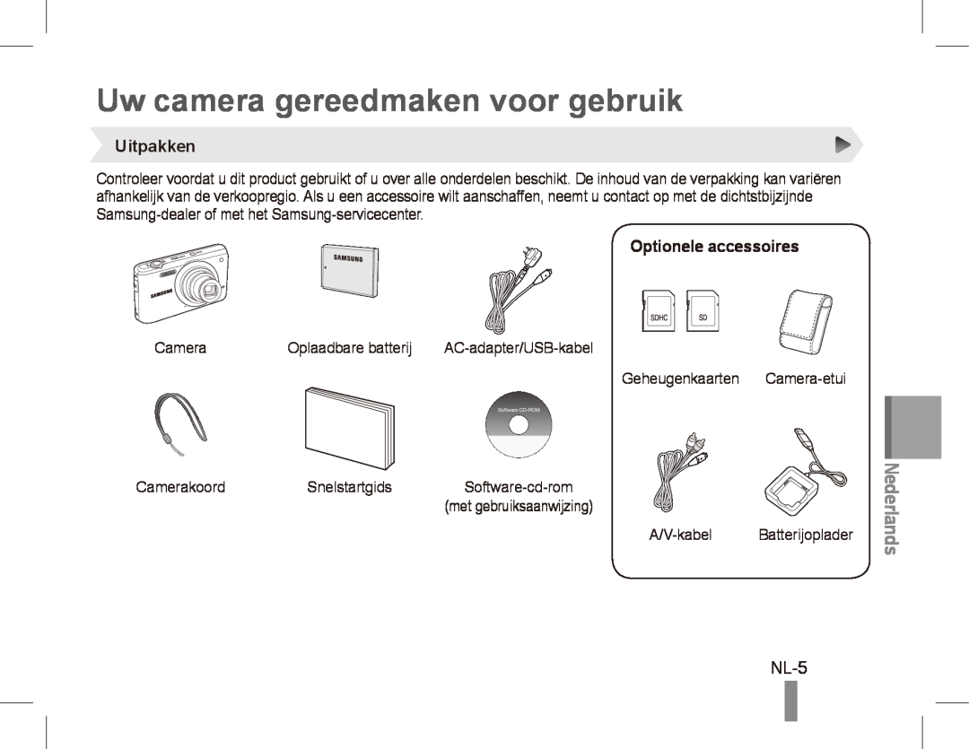Samsung EC-PL80ZZBPSSA manual Uw camera gereedmaken voor gebruik, NL-5, Uitpakken, Optionele accessoires, Nederlands 
