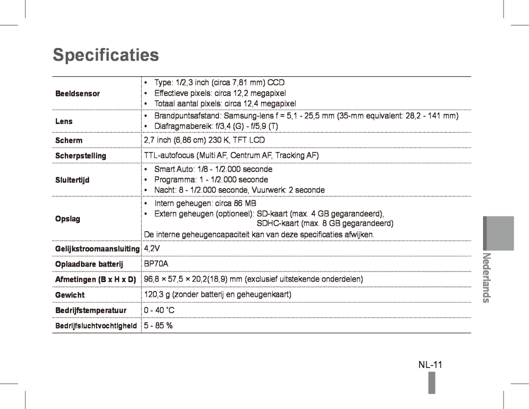 Samsung EC-PL80ZZDPBME Specificaties, NL-11, Beeldsensor Lens, Scherm, Scherpstelling, Sluitertijd, Opslag, Nederlands 
