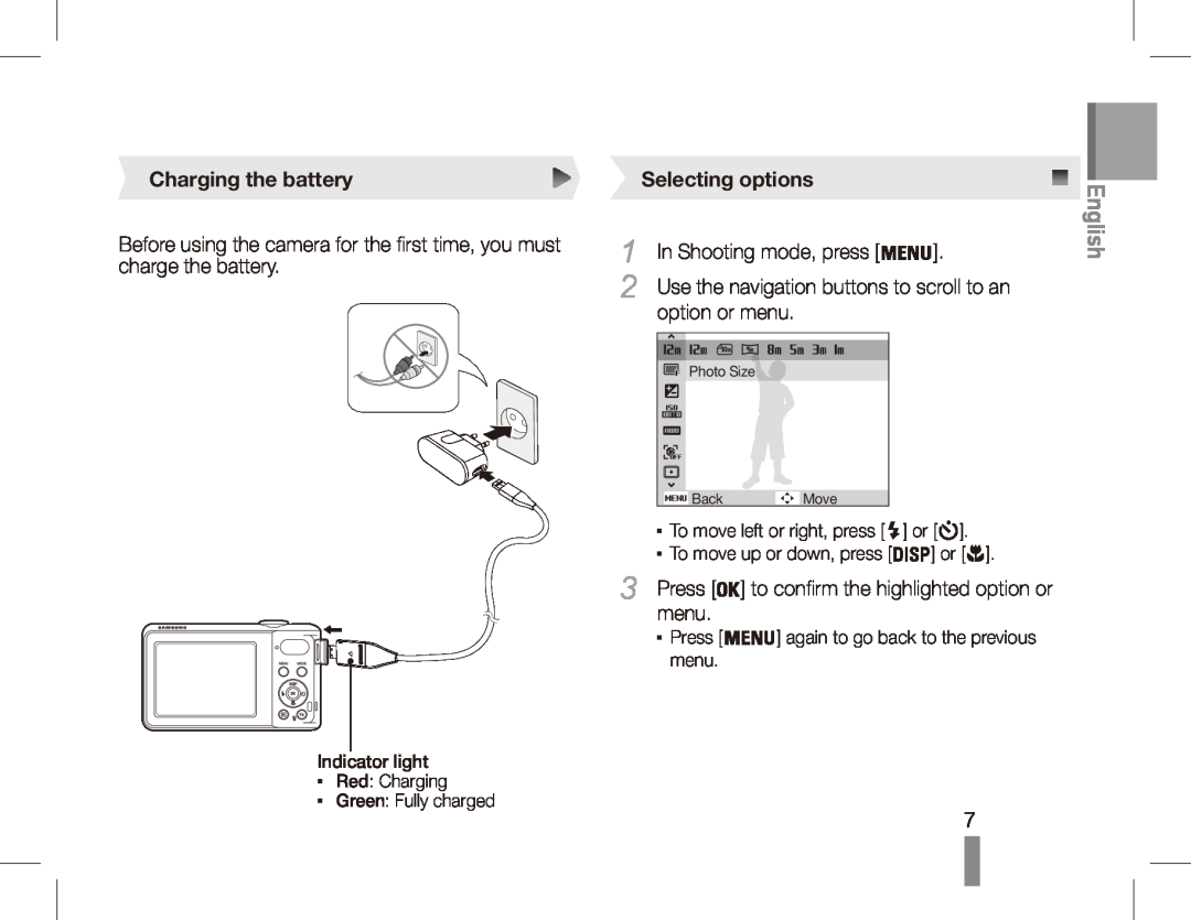 Samsung EC-PL80ZZBPSIT Charging the battery, Selecting options, In Shooting mode, press, option or menu, Press, English 