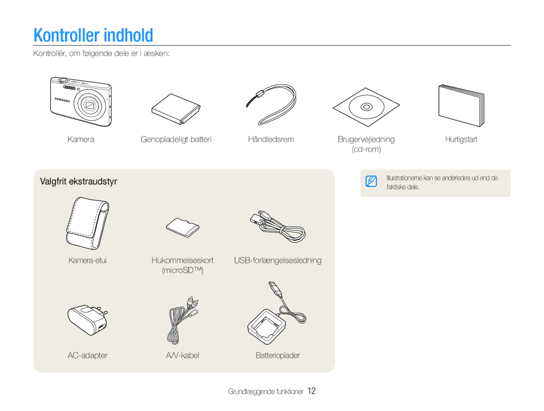 Samsung EC-PL90ZZBAAE2, EC-PL90ZZBAAE3, EC-PL90ZZBAEE2, EC-PL90ZZBARE2 manual Kontroller indhold, Valgfrit ekstraudstyr 