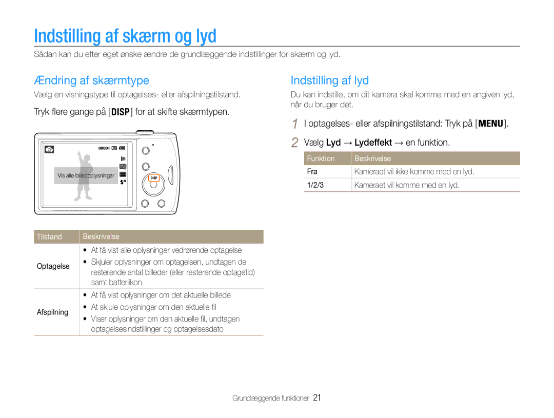 Samsung EC-PL90ZZBPAE2, EC-PL90ZZBAAE3 manual Indstilling af skærm og lyd, Ændring af skærmtype, Indstilling af lyd 