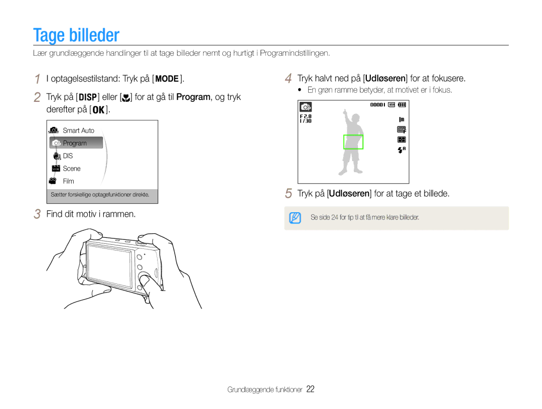 Samsung EC-PL90ZZBPRE2, EC-PL90ZZBAAE3 Tage billeder, Tryk på Udløseren for at tage et billede, Optagelsestilstand Tryk på 