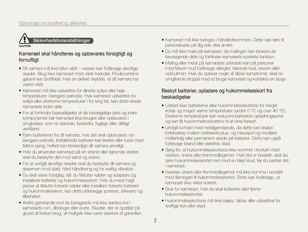 Samsung EC-PL90ZZBARE2, EC-PL90ZZBAAE3, EC-PL90ZZBAAE2 manual Oplysninger om sundhed og sikkerhed, Sikkerhedsforanstaltninger 