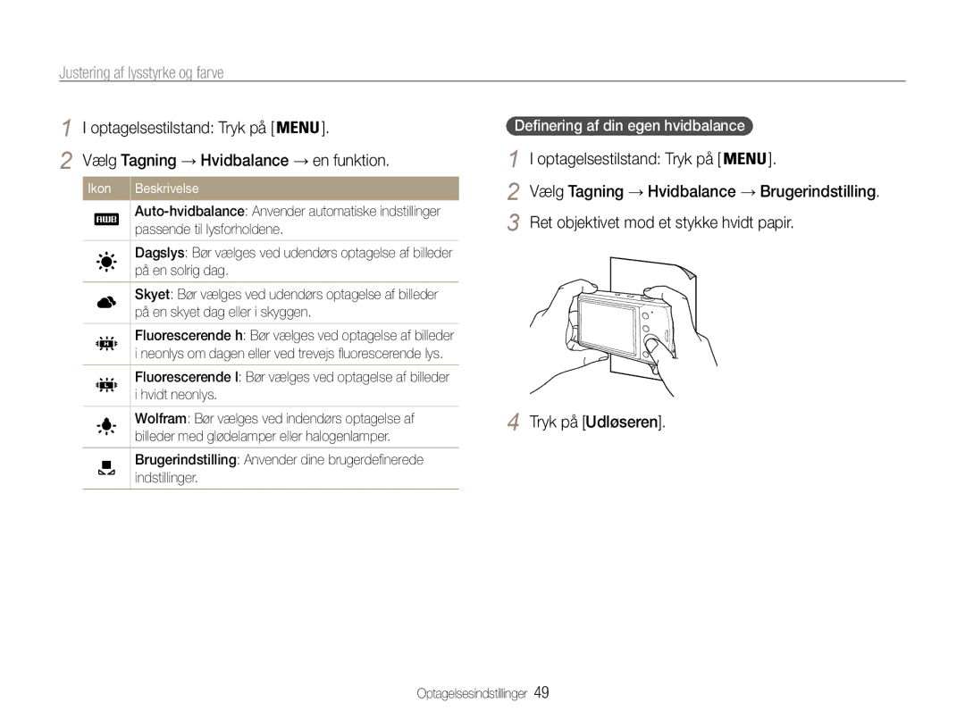 Samsung EC-PL90ZZBAEE2 manual Passende til lysforholdene, På en solrig dag, På en skyet dag eller i skyggen, Hvidt neonlys 