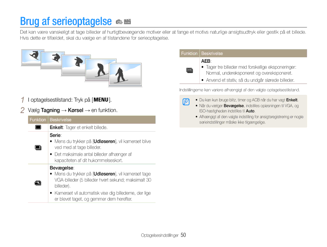 Samsung EC-PL90ZZBARE2, EC-PL90ZZBAAE3 manual Brug af serieoptagelse, Anvend et stativ, så du undgår slørede billeder 