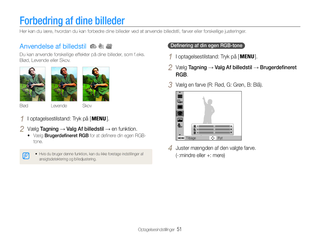 Samsung EC-PL90ZZBPAE2 manual Forbedring af dine billeder, Anvendelse af billedstil, Vælg en farve R Rød, G Grøn, B Blå 