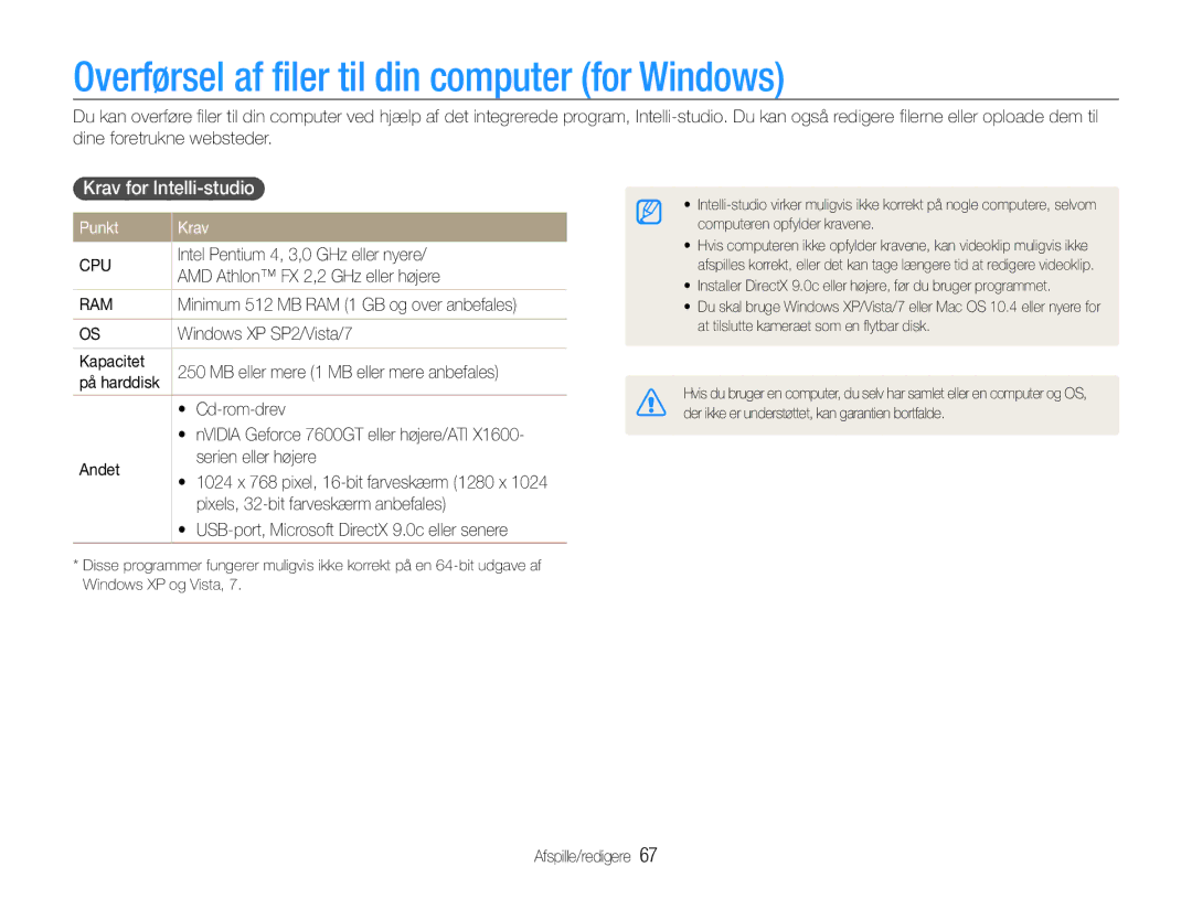 Samsung EC-PL90ZZBAEE2 manual Overførsel af filer til din computer for Windows, Krav for Intelli-studio, Punkt Krav 