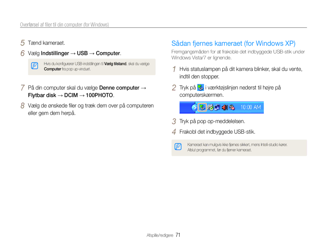 Samsung EC-PL90ZZBAAE3 manual Sådan fjernes kameraet for Windows XP, Tænd kameraet Vælg Indstillinger → USB → Computer 