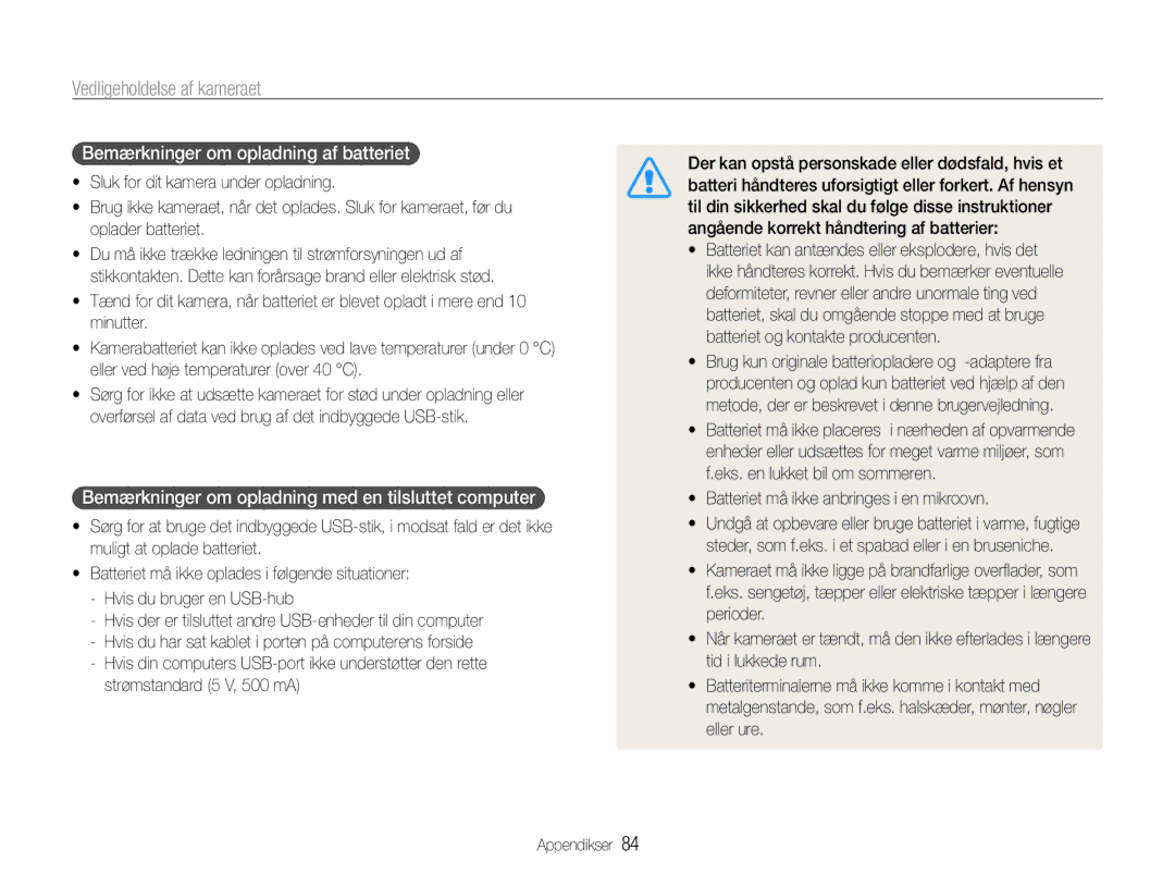 Samsung EC-PL90ZZBAAE2 manual Bemærkninger om opladning af batteriet, Bemærkninger om opladning med en tilsluttet computer 