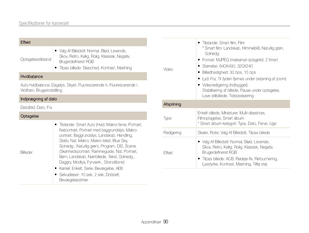 Samsung EC-PL90ZZBAAE2, EC-PL90ZZBAAE3, EC-PL90ZZBAEE2, EC-PL90ZZBARE2, EC-PL90ZZBPAE2 manual Specifikationer for kameraet 