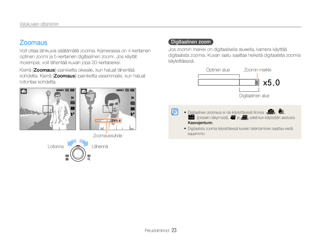 Samsung EC-PL90ZZBAAE3, EC-PL90ZZBAAE2, EC-PL90ZZBAEE2, EC-PL90ZZBARE2 manual Zoomaus, Valokuvien ottaminen, Digitaalinen zoom 