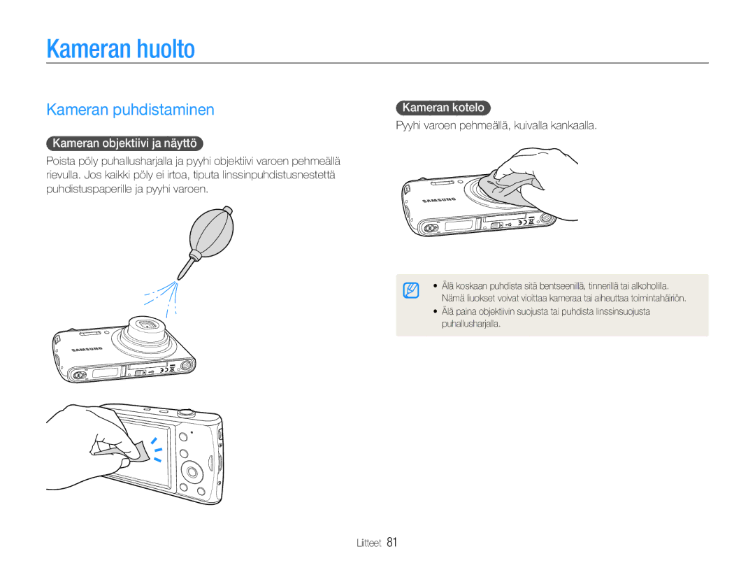 Samsung EC-PL90ZZBPAE2, EC-PL90ZZBAAE3 Kameran huolto, Kameran puhdistaminen, Kameran objektiivi ja näyttö, Kameran kotelo 